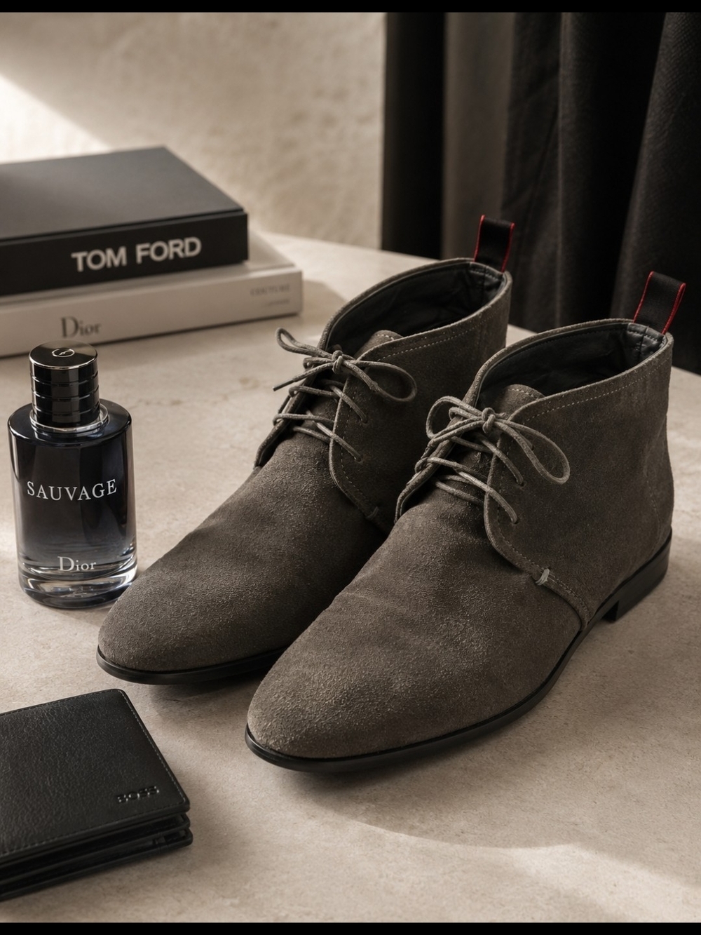 HUGO BOSS Gray Suede Chukka Desert Boots Men's Sz 10, Leather Lace Up Chelsea